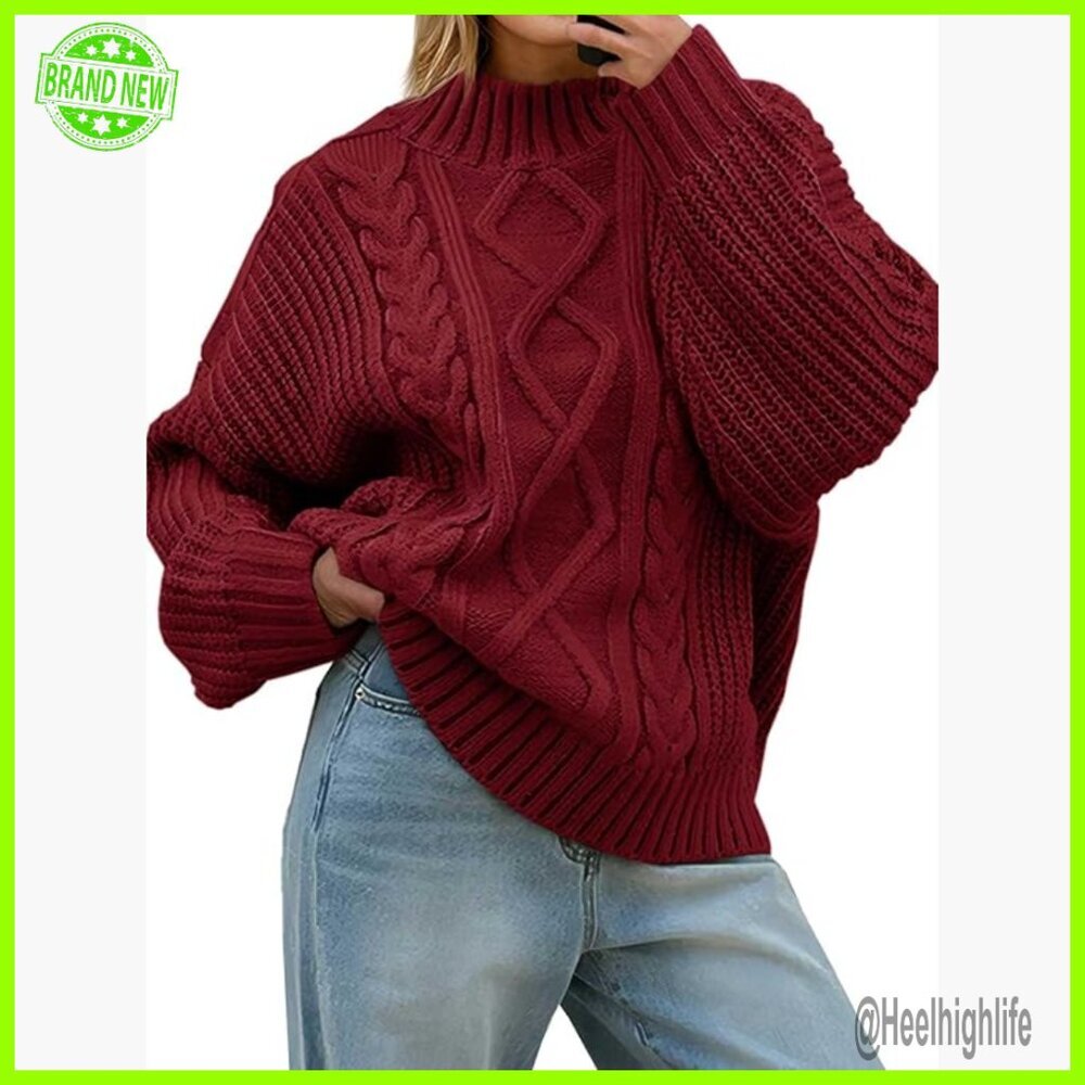 Oversized Cable Knit Pullover Sweater Mock Neck Button Up Turtleneck